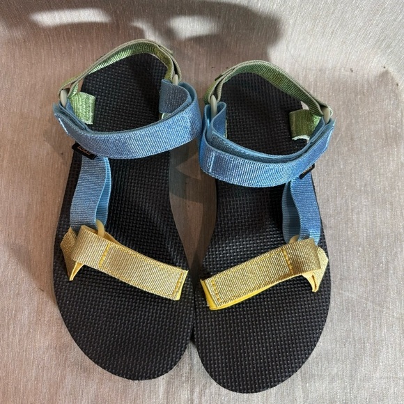 TEVA Sz 7  Universal Velcro Closure Yellow Blue Green Block Colour Sandals NWOT - Picture 3 of 9